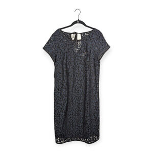 Loft Navy Black Lace Short Sleeve Sheath Mini Cocktail Dress Sz 14 Career Office